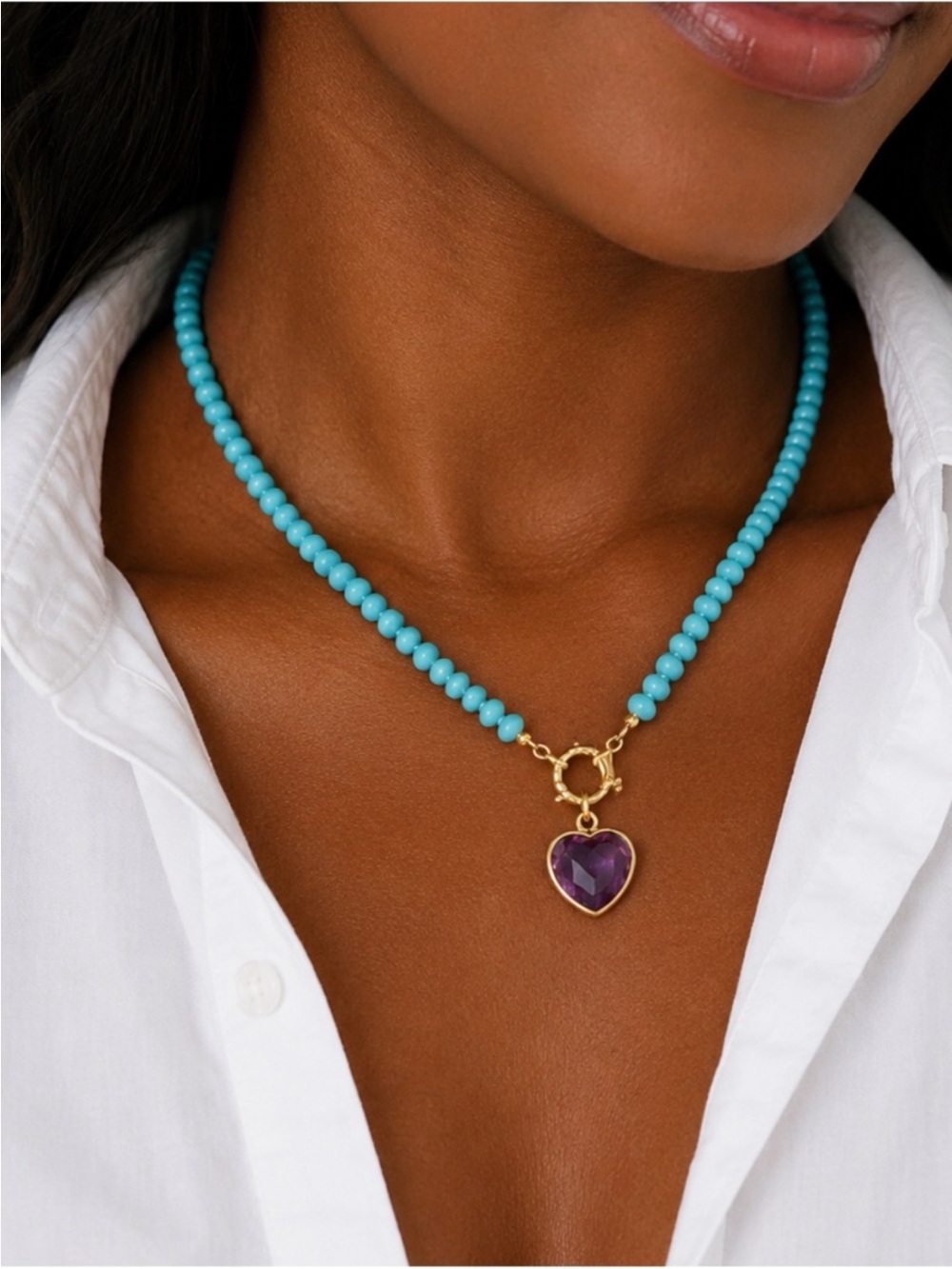 New! Preppy Colorful Blue Beaded Purple Heart Dopamine Necklace NWOT 5059